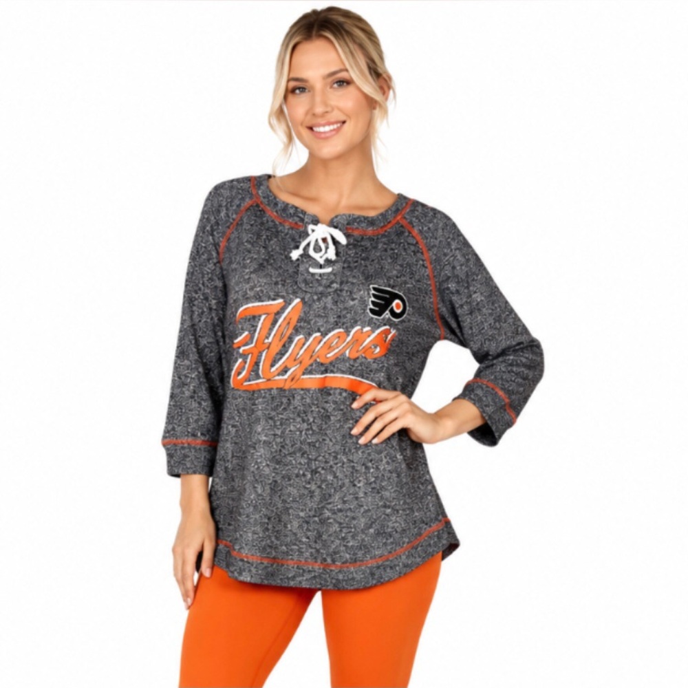 Philadelphia Flyers Womens Top Size Small 4/6 Gray Knit Jersey Lace Up Neck NHL